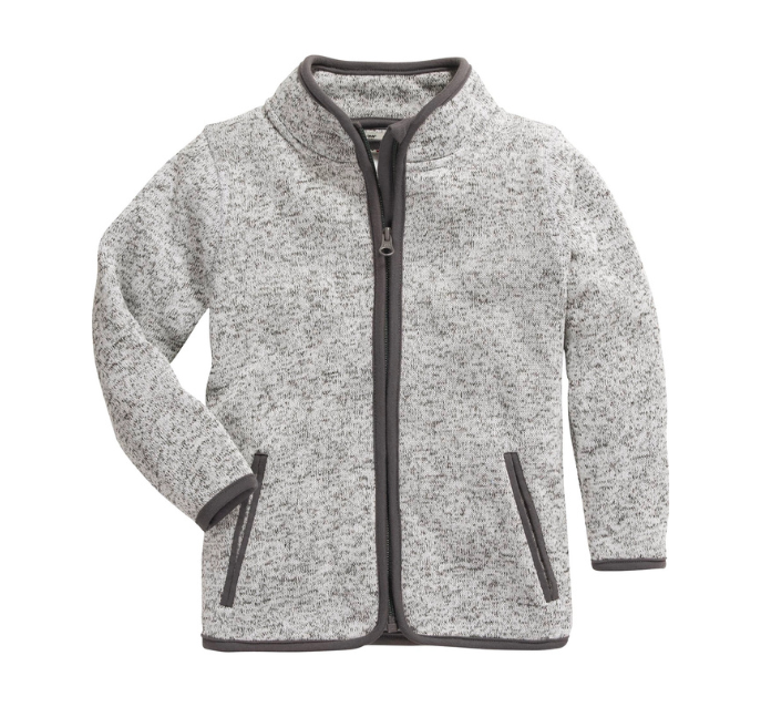 Gray fleece jacket with black zipper and trim on a white background