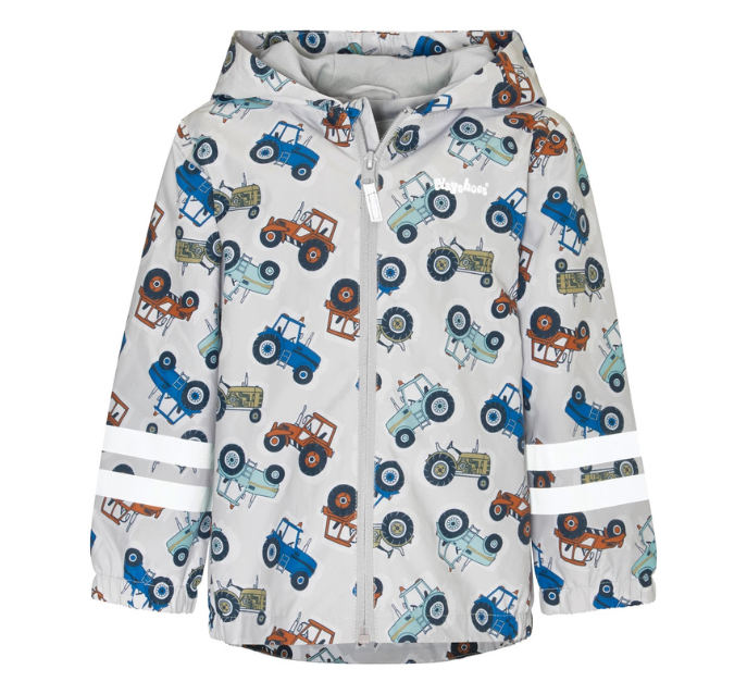 Children's raincoat with tractor pattern on a white background